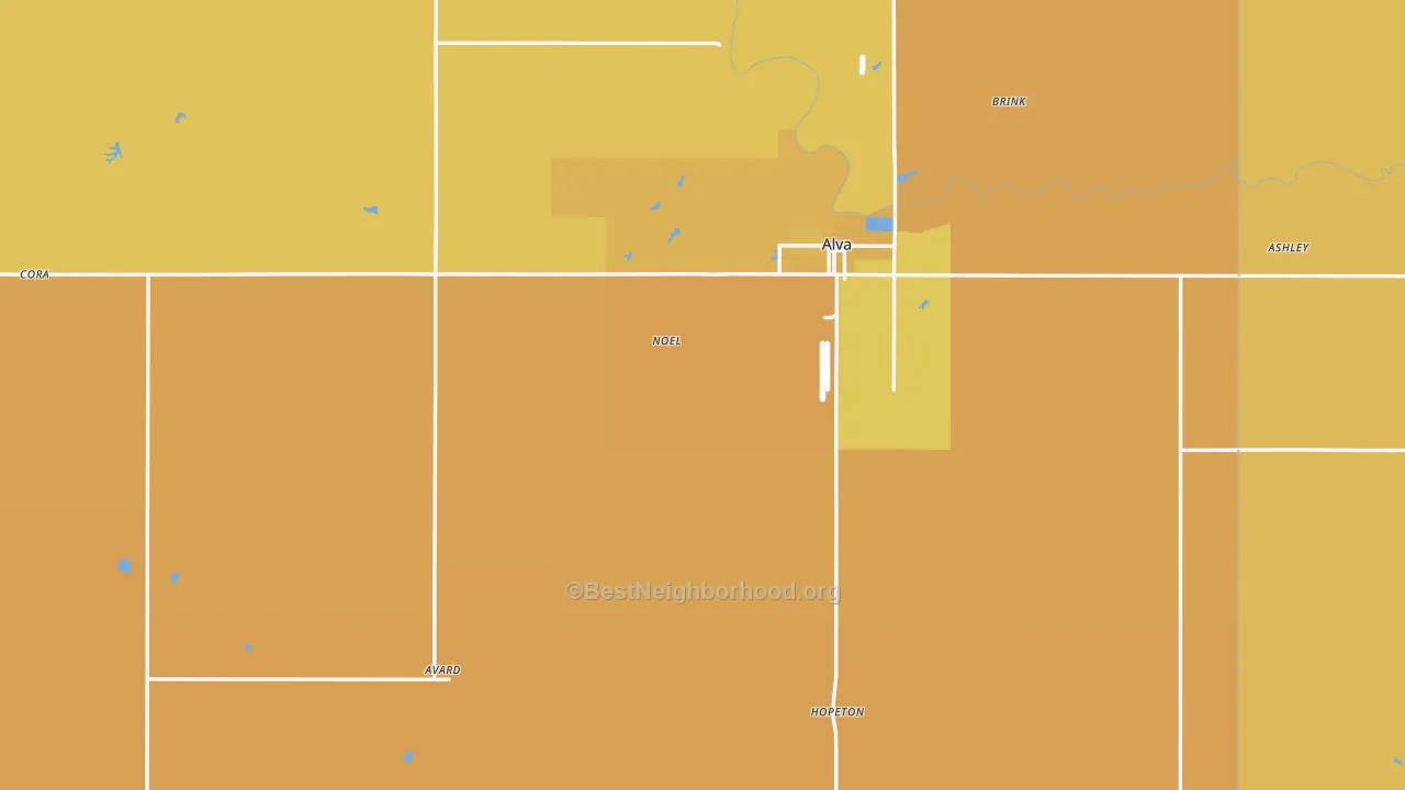 Map of the best neighborhoods in the Woods County area, with better matches in green and worse matches in red