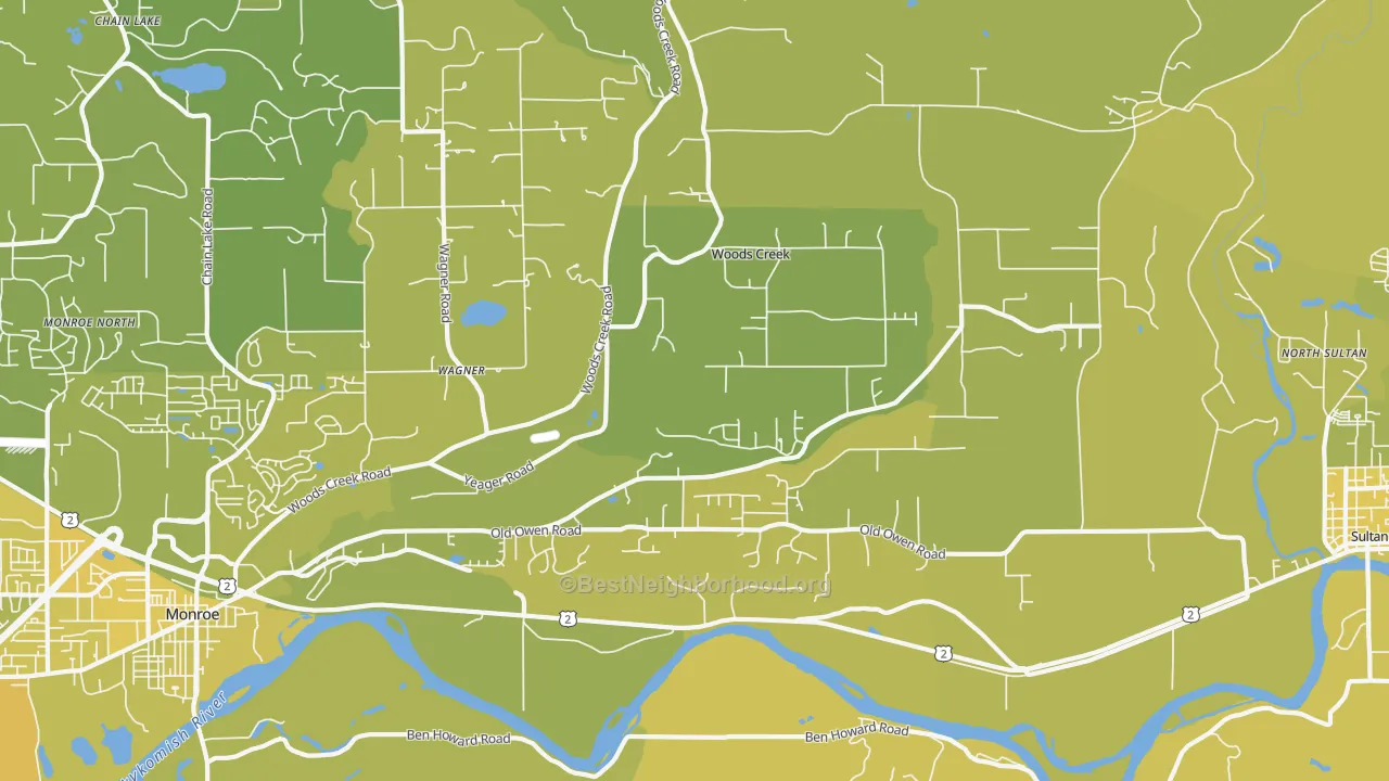 Map of the best neighborhoods in the Woods Creek area, with better matches in green and worse matches in red