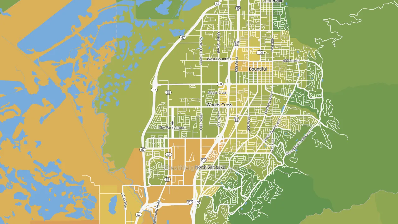 Map of the best neighborhoods in the Woods Cross area, with better matches in green and worse matches in red