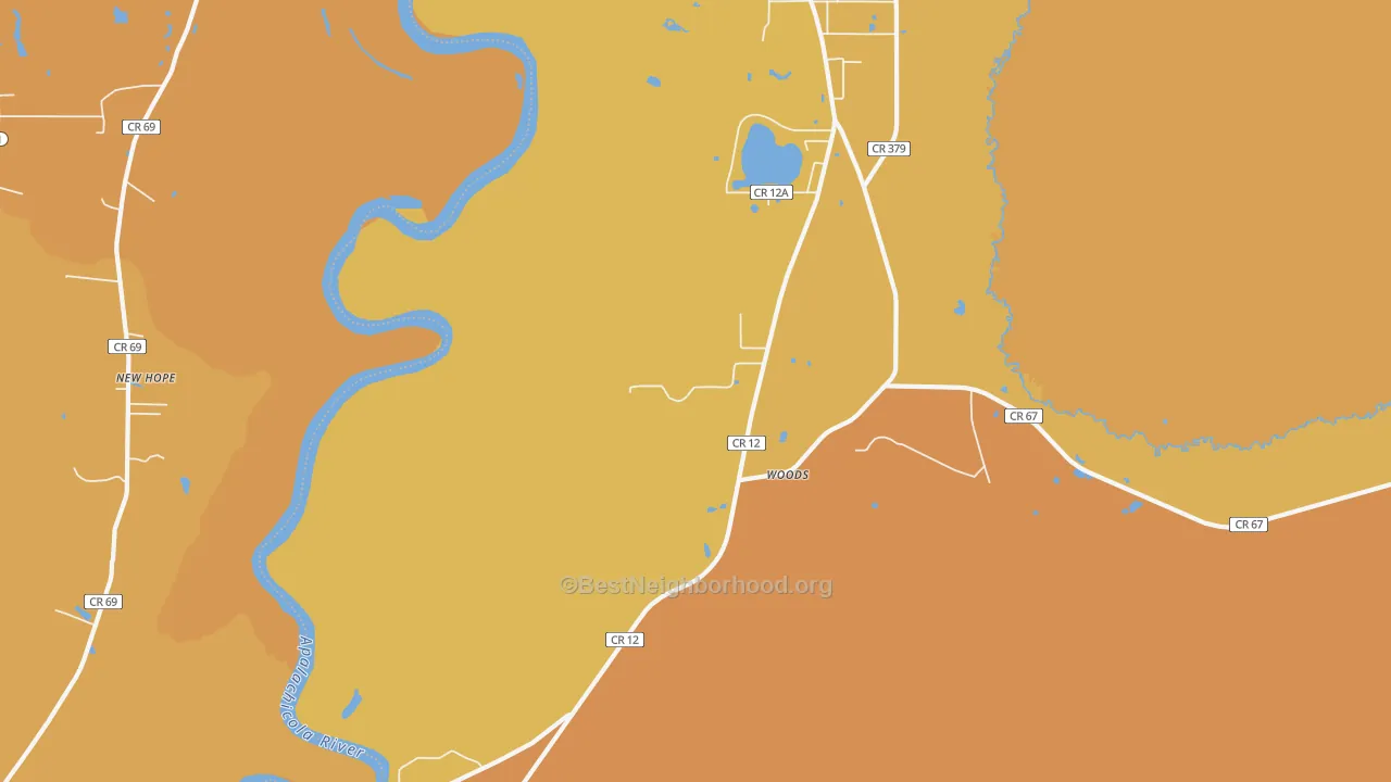 Map of the best neighborhoods in the Woods area, with better matches in green and worse matches in red