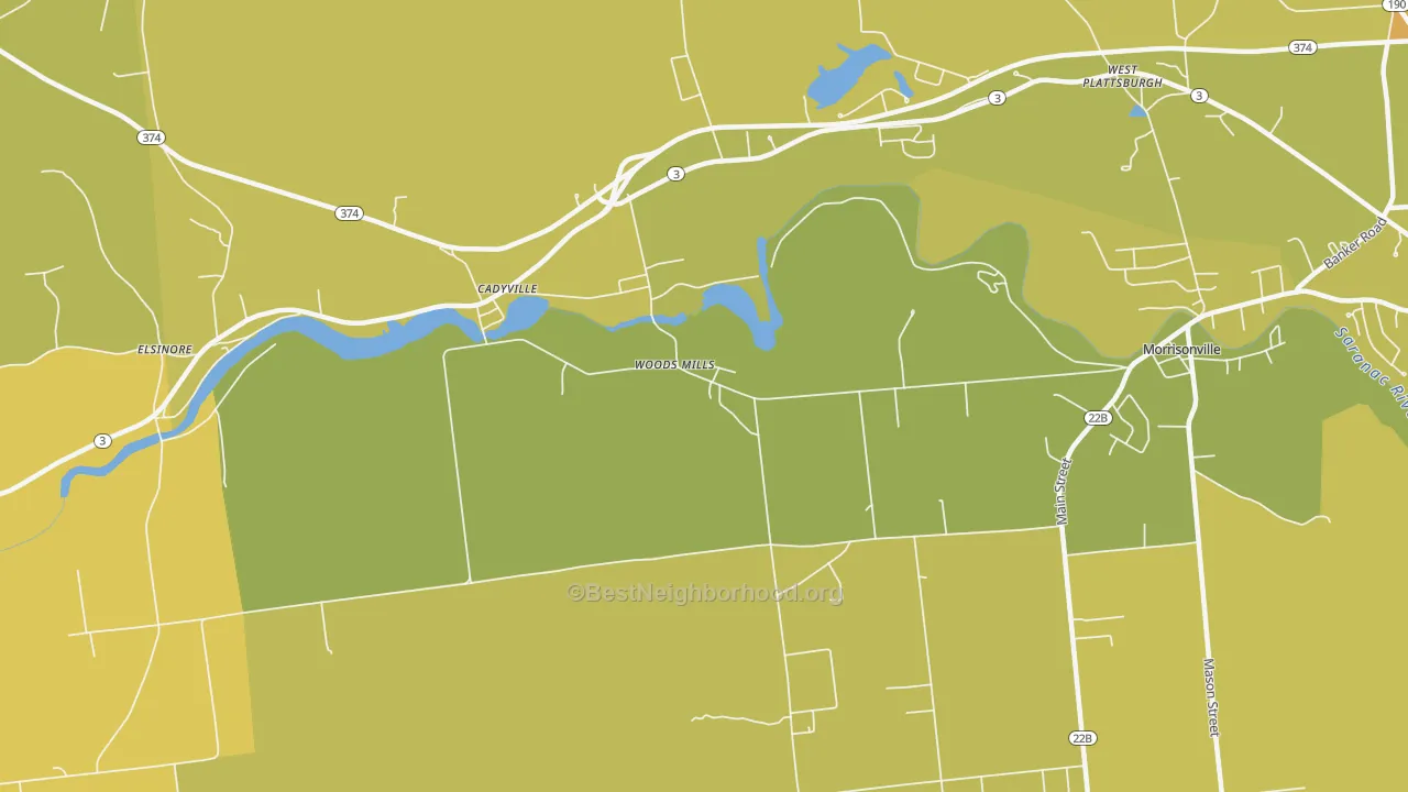 Map of the best neighborhoods in the Woods Mills area, with better matches in green and worse matches in red