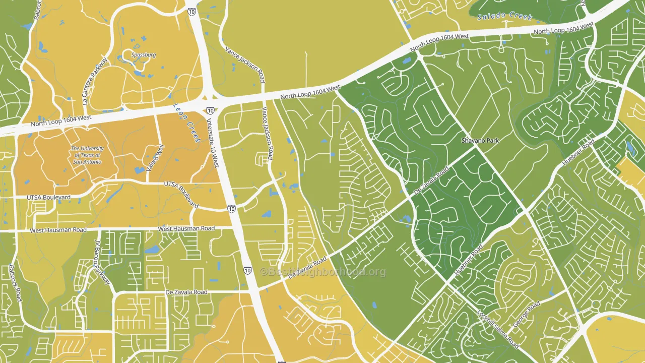 Map of the best neighborhoods in the Woods of Shavano, San Antonio area, with better matches in green and worse matches in red