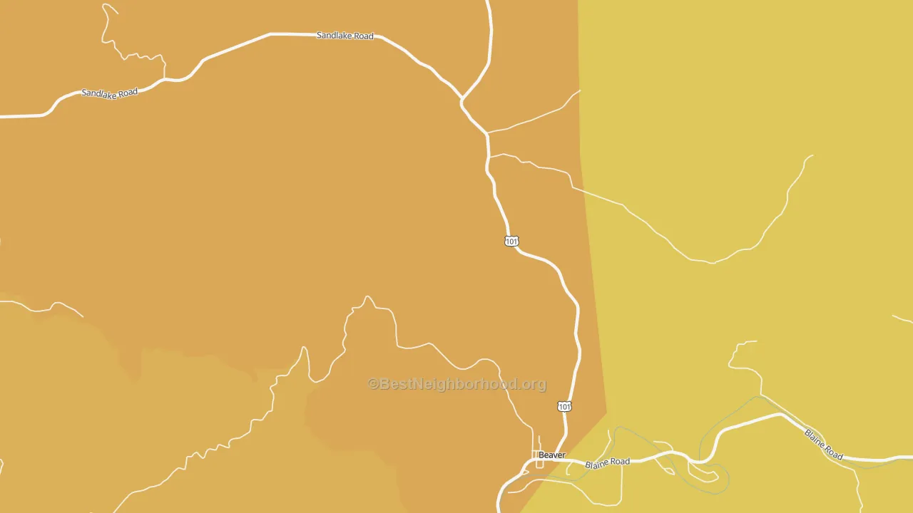 Map of the best neighborhoods in the Woods area, with better matches in green and worse matches in red