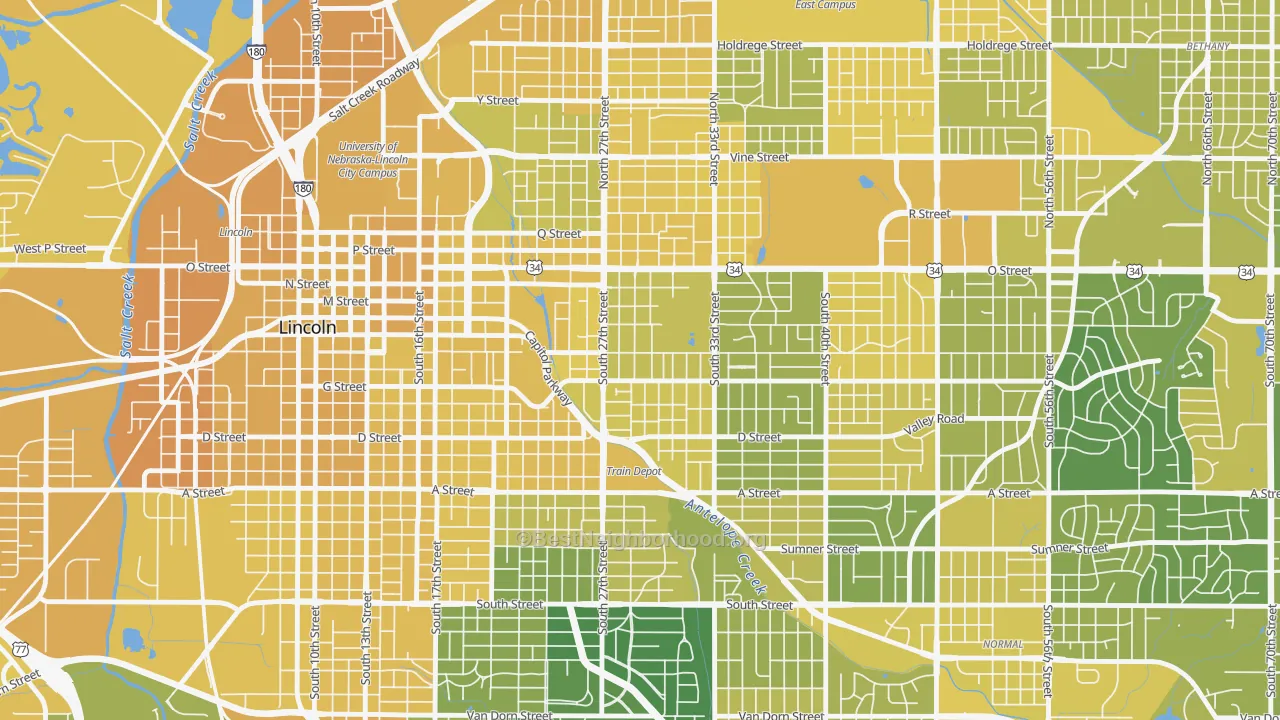 Map of the best neighborhoods in the Woods Park, Lincoln area, with better matches in green and worse matches in red