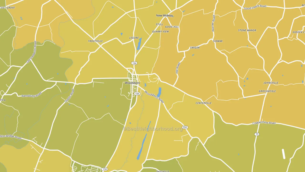 Map of the best neighborhoods in the Woodsboro area, with better matches in green and worse matches in red