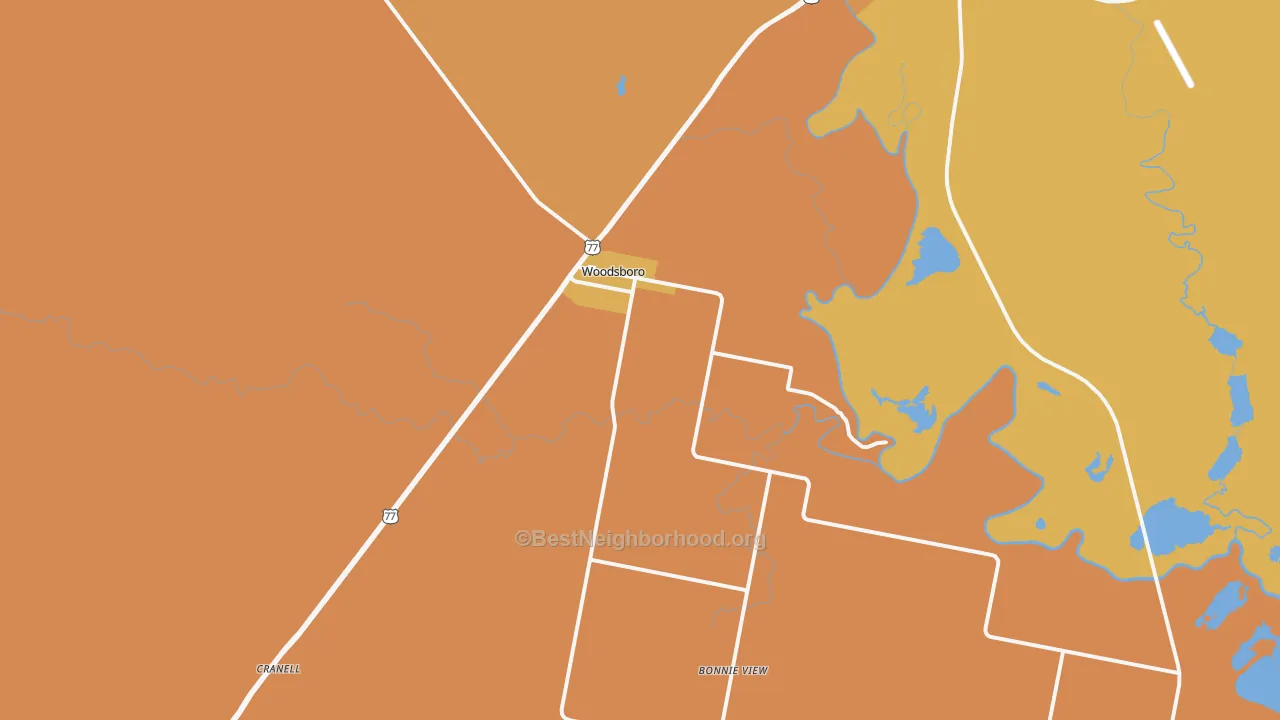 Map of the best neighborhoods in the Woodsboro area, with better matches in green and worse matches in red