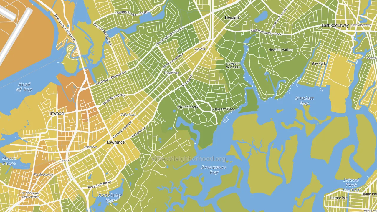Map of the best neighborhoods in the Woodsburgh area, with better matches in green and worse matches in red