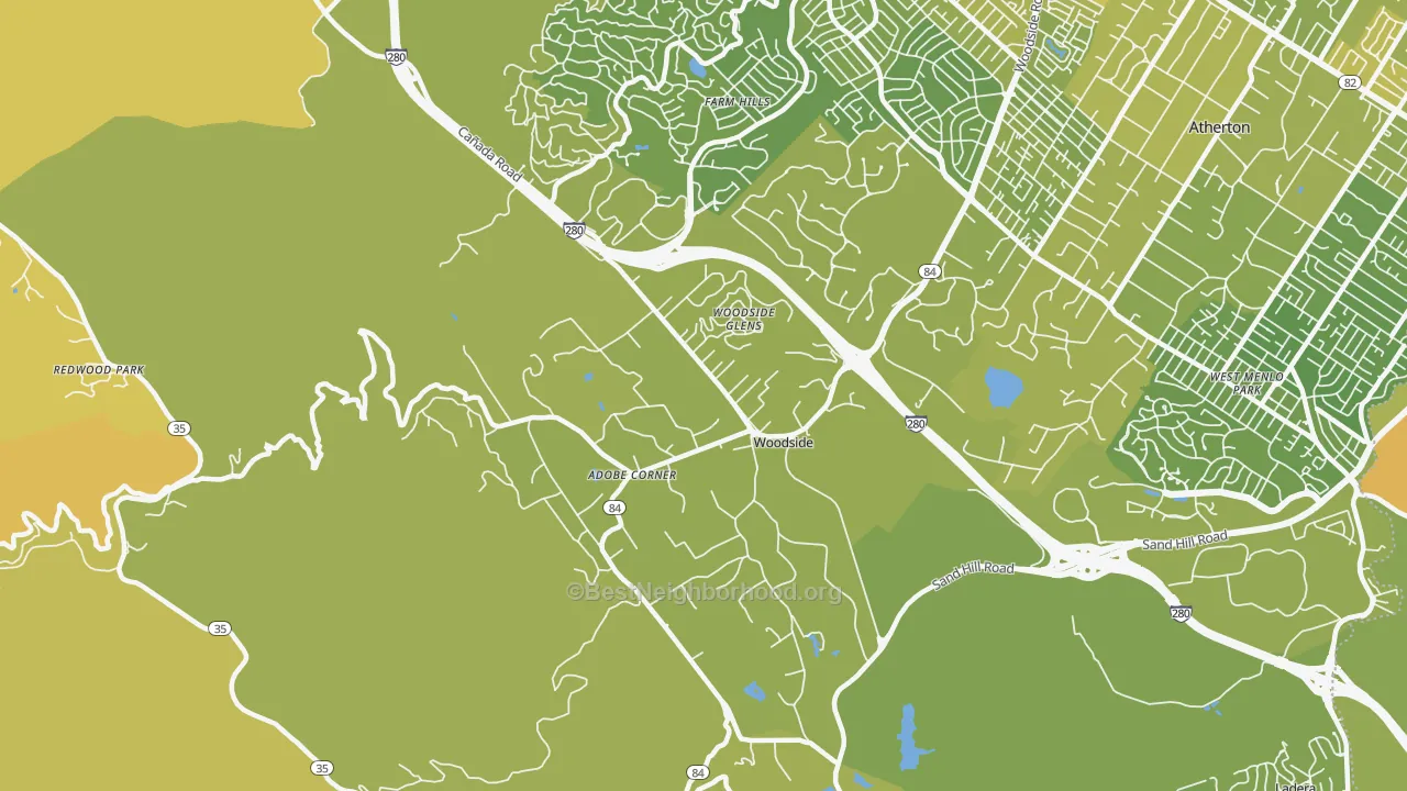 Map of the best neighborhoods in the Woodside area, with better matches in green and worse matches in red