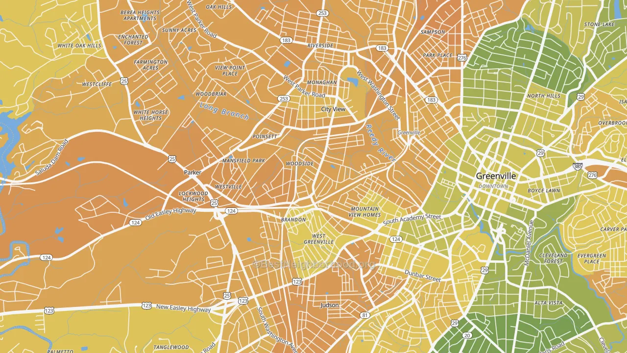 Map of the best neighborhoods in the Woodside Cotton Mill Historic District, Parker area, with better matches in green and worse matches in red