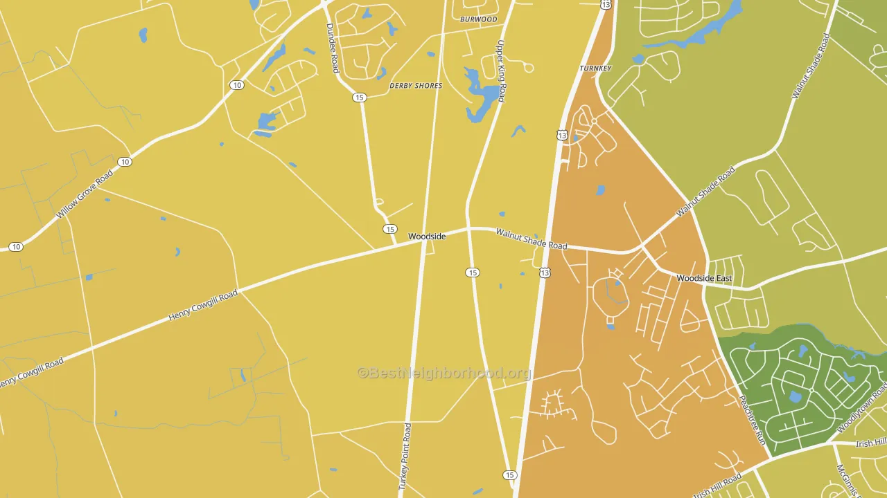 Map of the best neighborhoods in the Woodside area, with better matches in green and worse matches in red