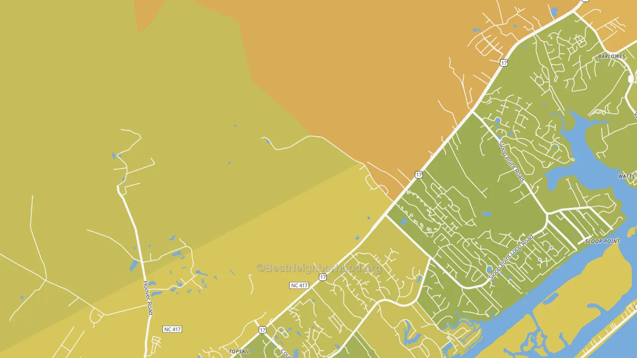 Map of the best neighborhoods in the Woodside area, with better matches in green and worse matches in red