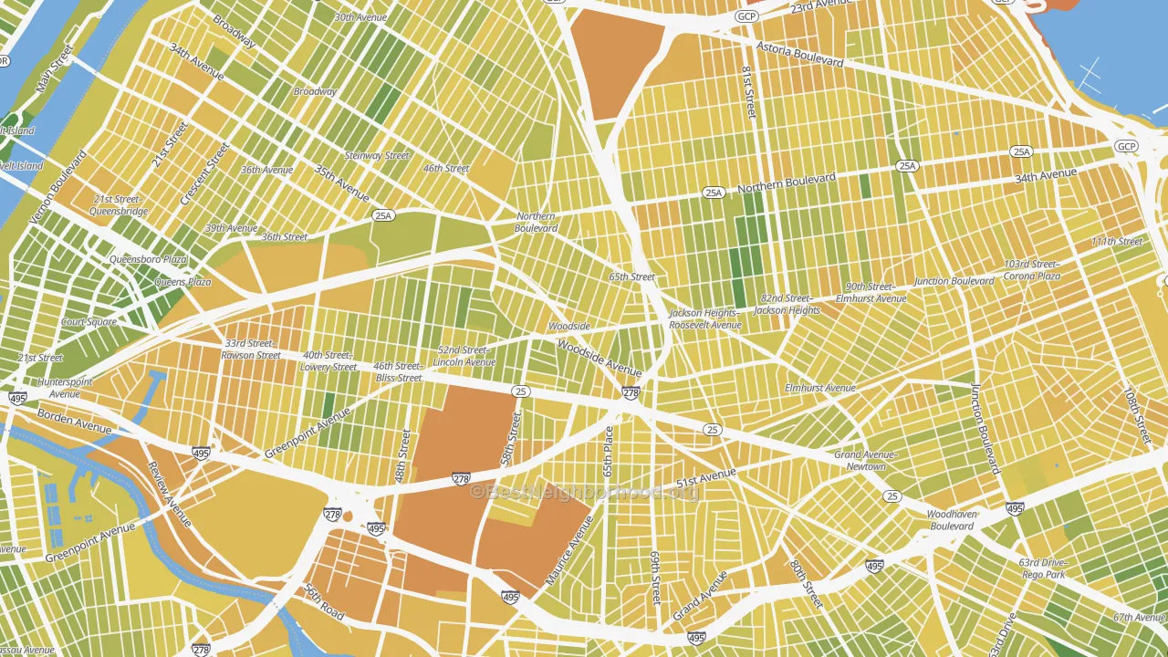Map of the best neighborhoods in the Woodside, Queens area, with better matches in green and worse matches in red