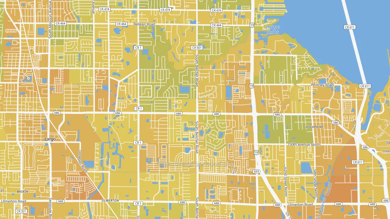 Map of the best neighborhoods in the Woodside Village, Largo area, with better matches in green and worse matches in red