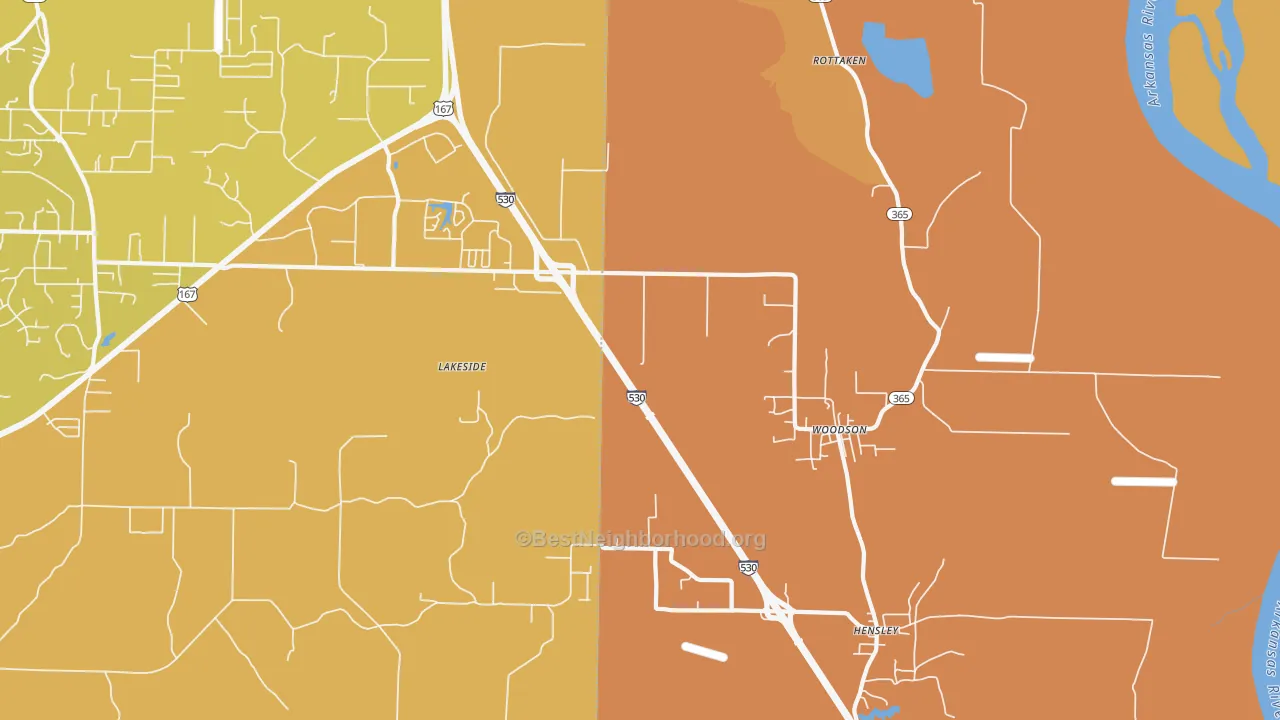 Map of the best neighborhoods in the Woodson area, with better matches in green and worse matches in red