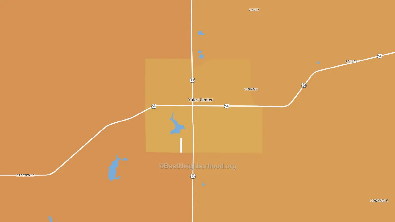 Map of the best neighborhoods in the Woodson County area, with better matches in green and worse matches in red