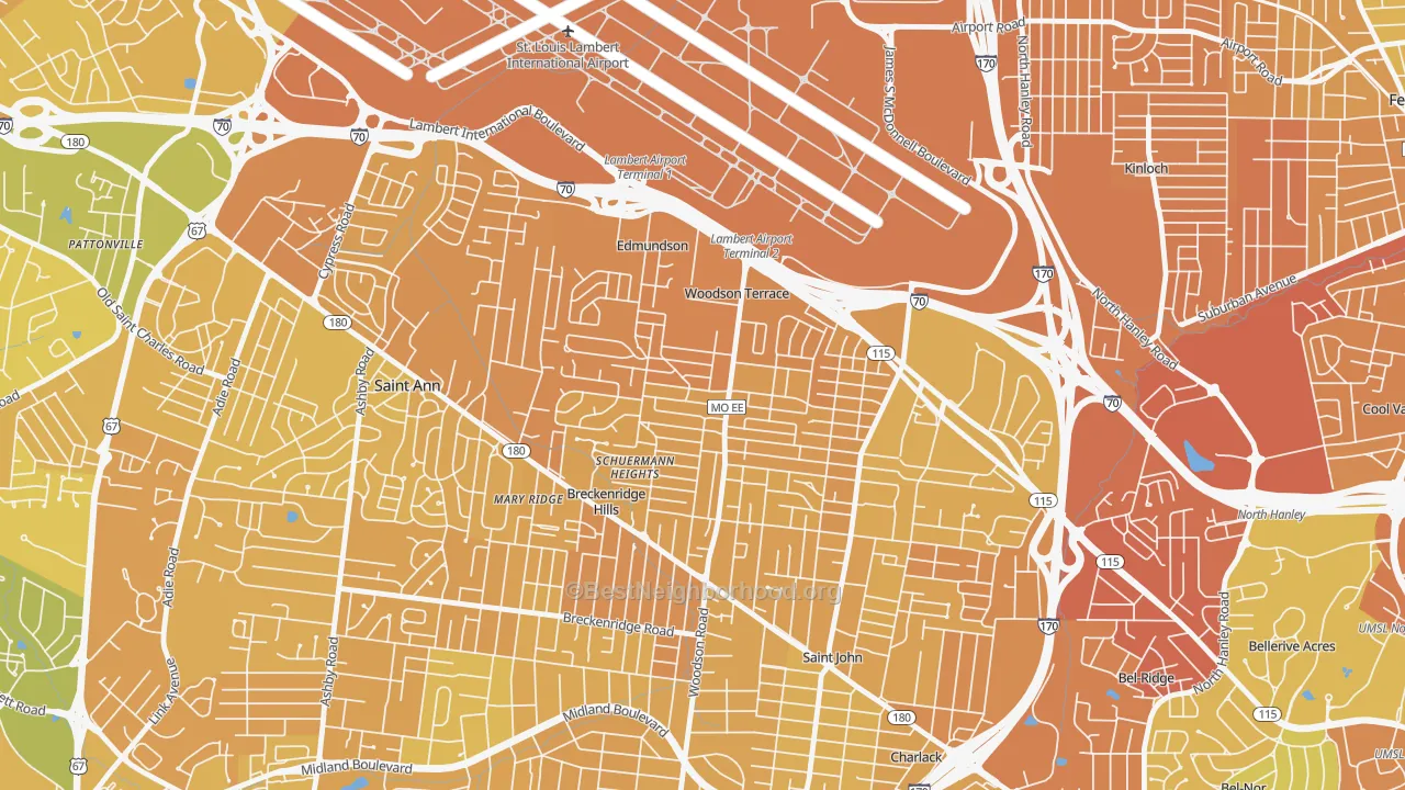 Map of the best neighborhoods in the Woodson Terrace area, with better matches in green and worse matches in red