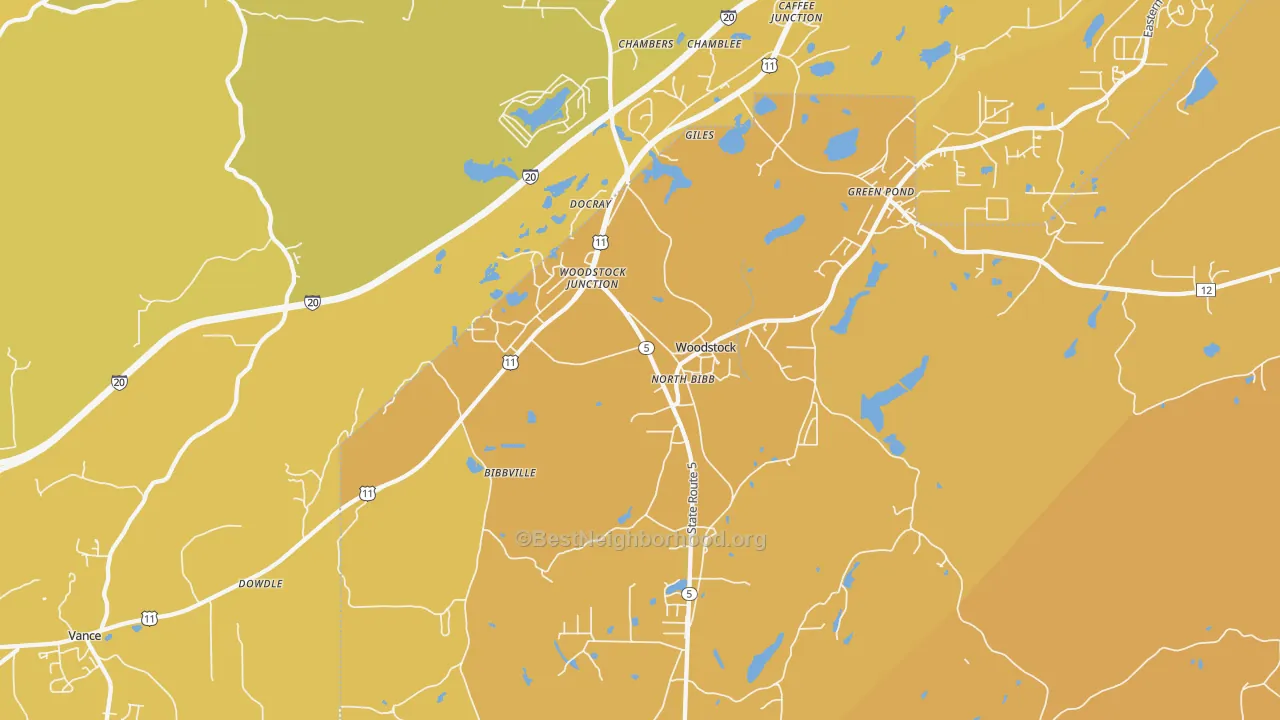 Map of the best neighborhoods in the Woodstock area, with better matches in green and worse matches in red