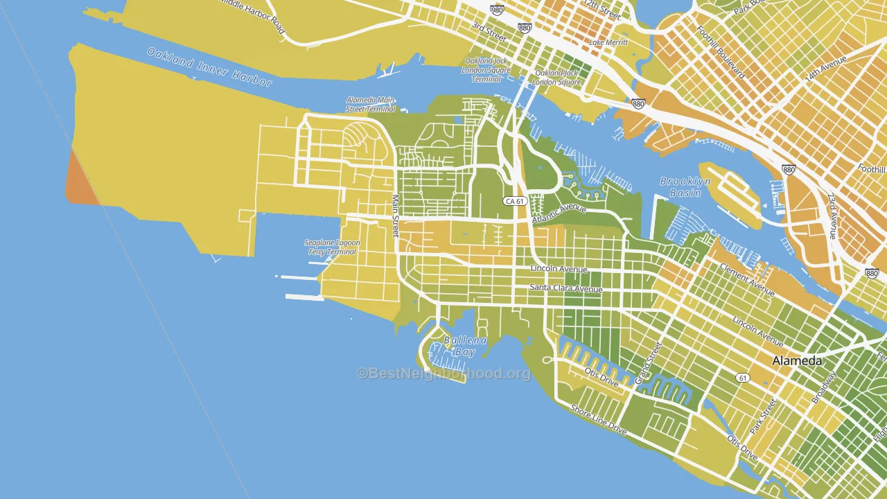 Map of the best neighborhoods in the Woodstock, Alameda area, with better matches in green and worse matches in red