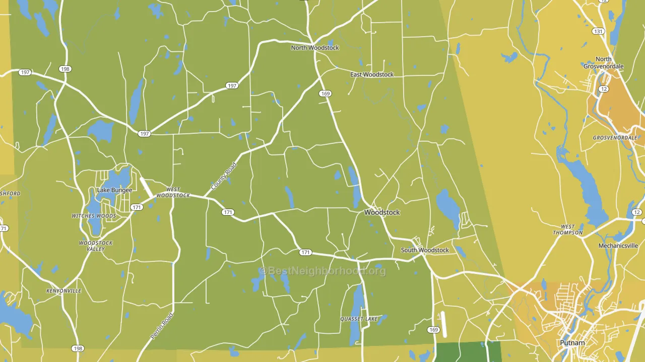 Map of the best neighborhoods in the Woodstock area, with better matches in green and worse matches in red