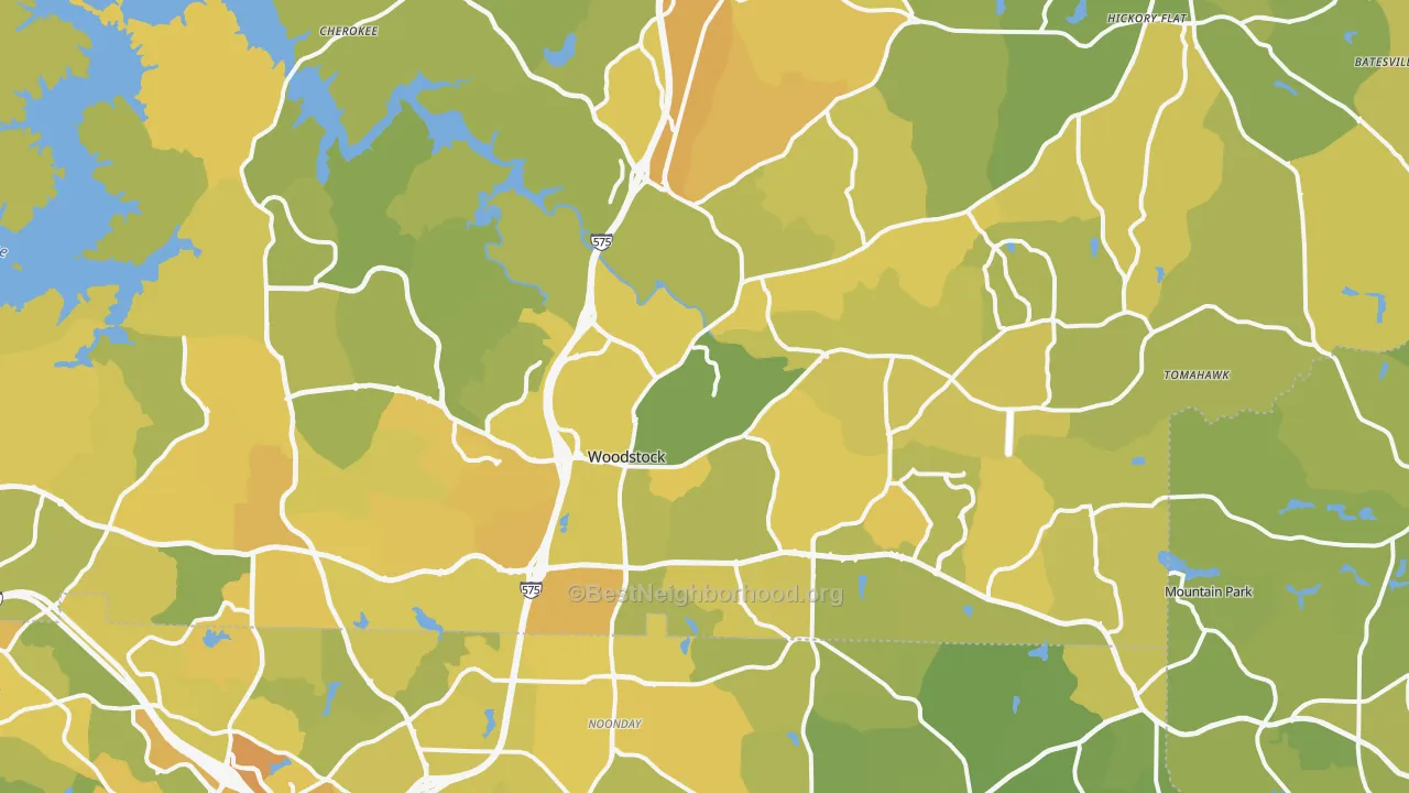 Map of the best neighborhoods in the Woodstock area, with better matches in green and worse matches in red