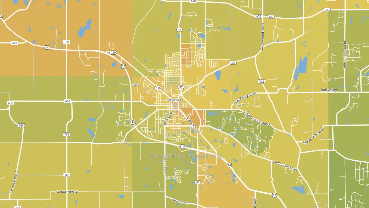 Map of the best neighborhoods in the Woodstock area, with better matches in green and worse matches in red