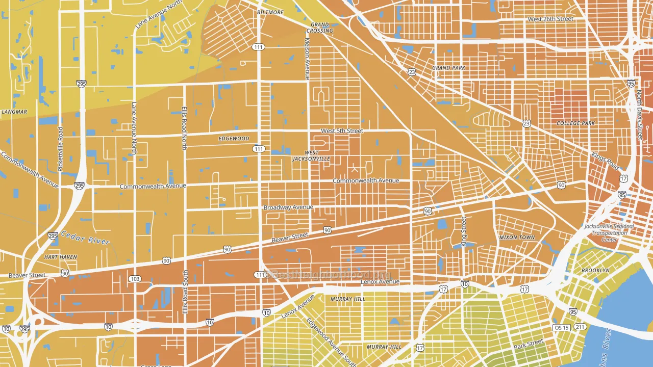 Map of the best neighborhoods in the Woodstock, Jacksonville area, with better matches in green and worse matches in red