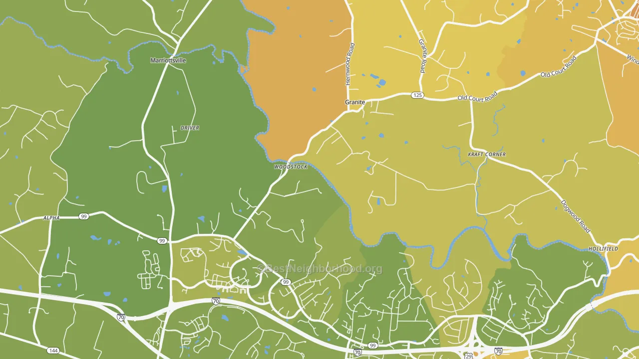 Map of the best neighborhoods in the Woodstock area, with better matches in green and worse matches in red
