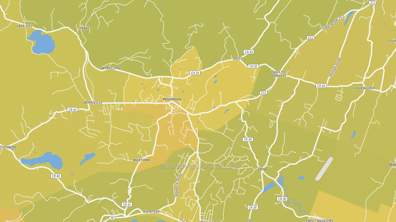 Map of the best neighborhoods in the Woodstock area, with better matches in green and worse matches in red