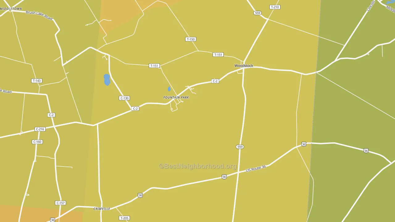 Map of the best neighborhoods in the Woodstock area, with better matches in green and worse matches in red