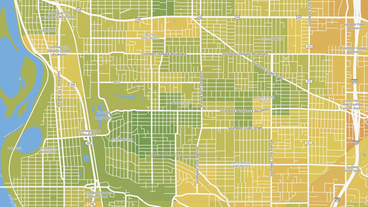 Map of the best neighborhoods in the Woodstock, Portland area, with better matches in green and worse matches in red