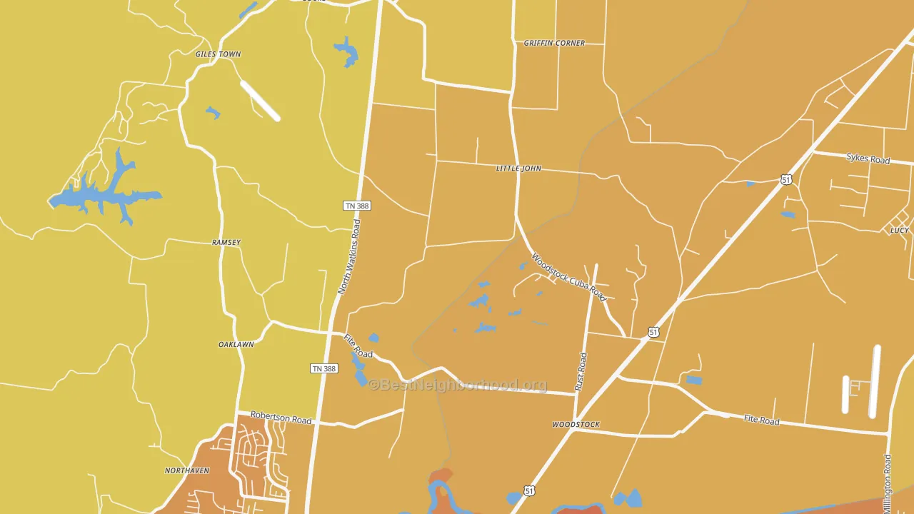 Map of the best neighborhoods in the Woodstock area, with better matches in green and worse matches in red