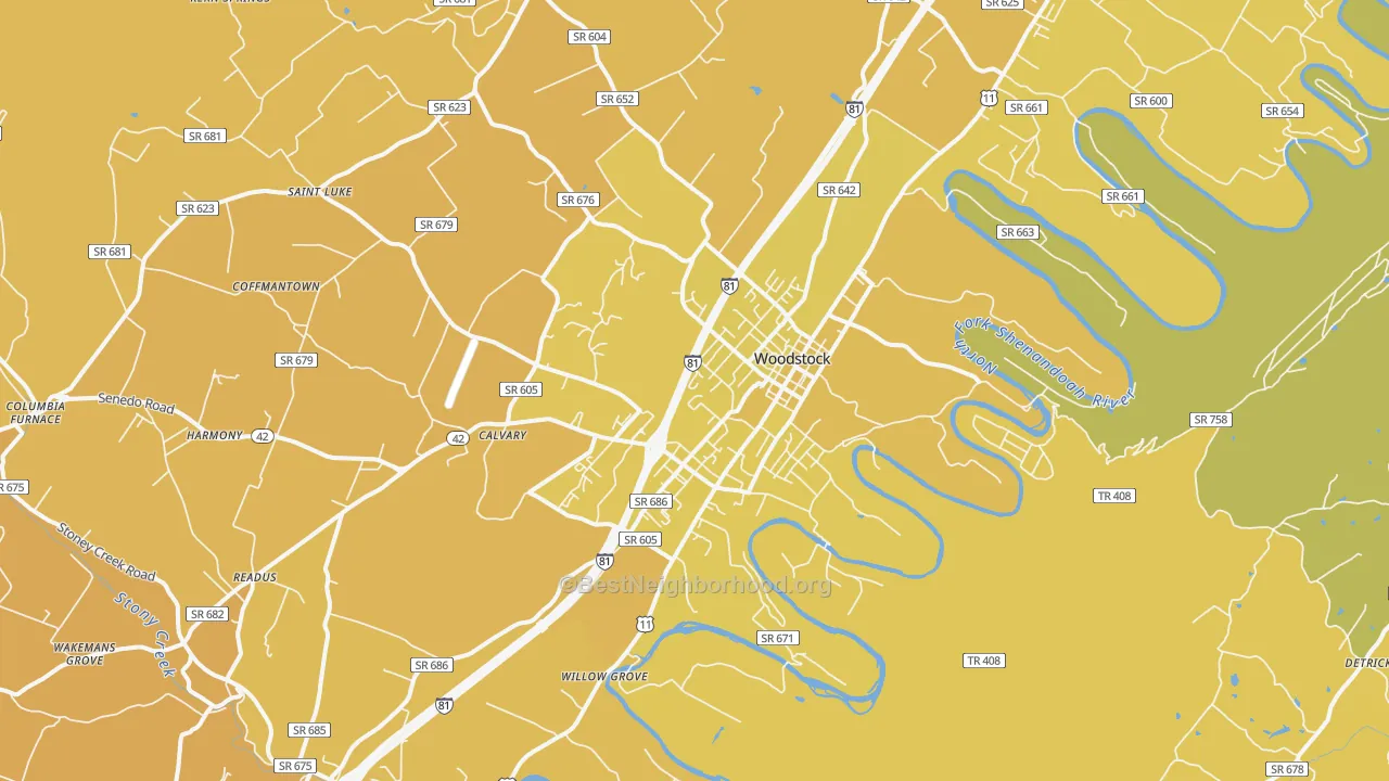 Map of the best neighborhoods in the Woodstock area, with better matches in green and worse matches in red