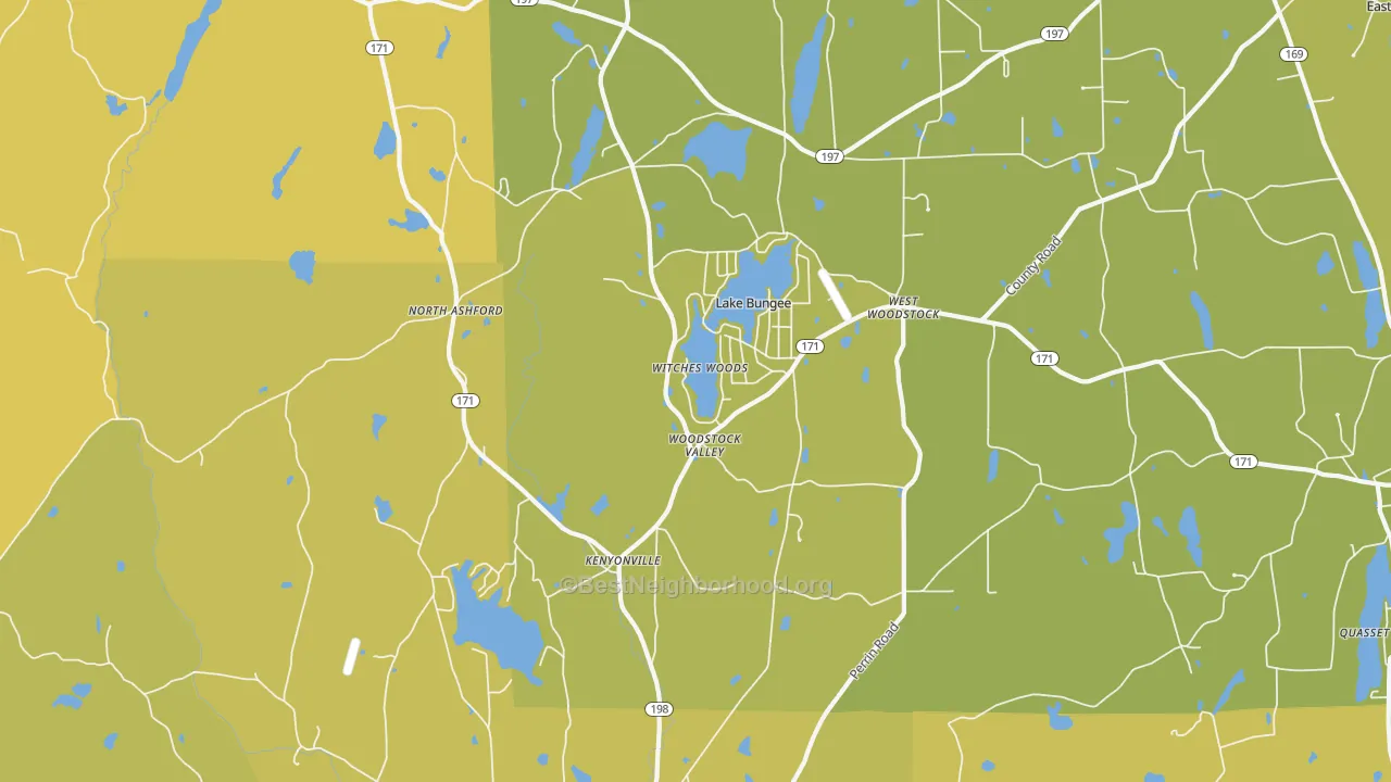 Map of the best neighborhoods in the Woodstock Valley area, with better matches in green and worse matches in red