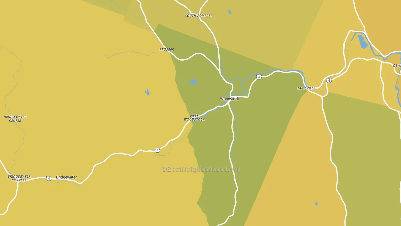 Map of the best neighborhoods in the Woodstock area, with better matches in green and worse matches in red