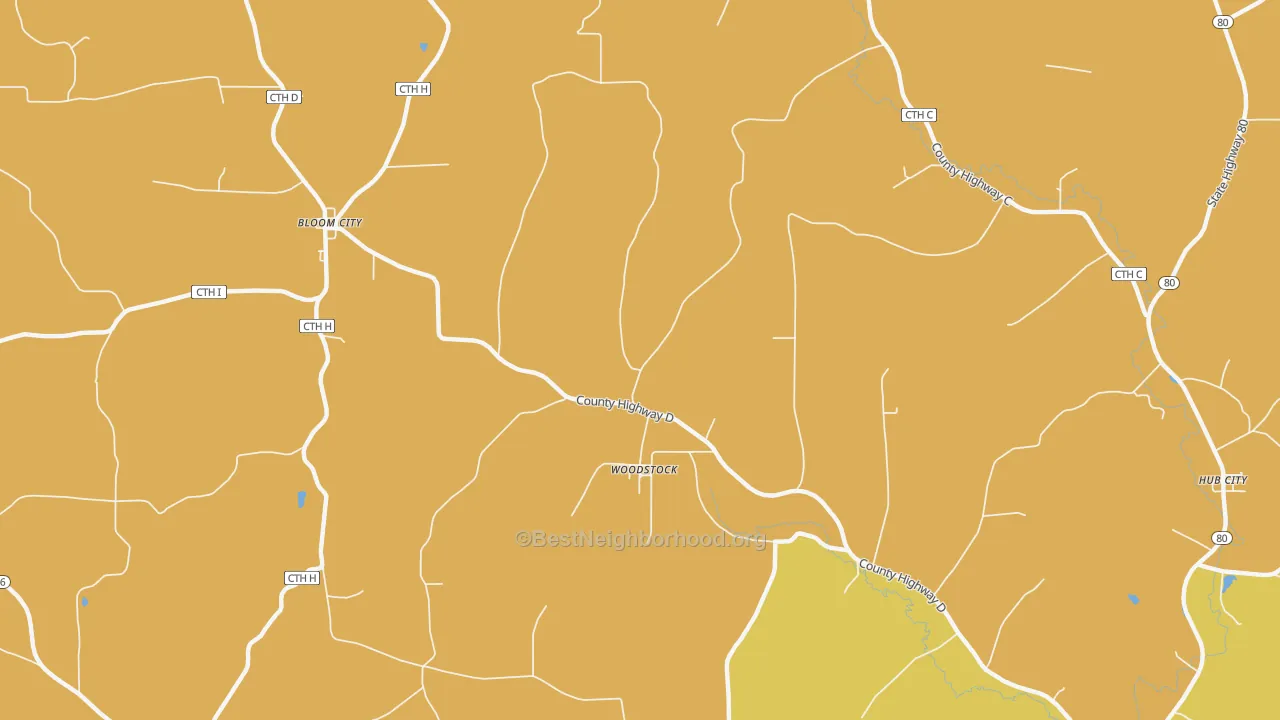 Map of the best neighborhoods in the Woodstock area, with better matches in green and worse matches in red