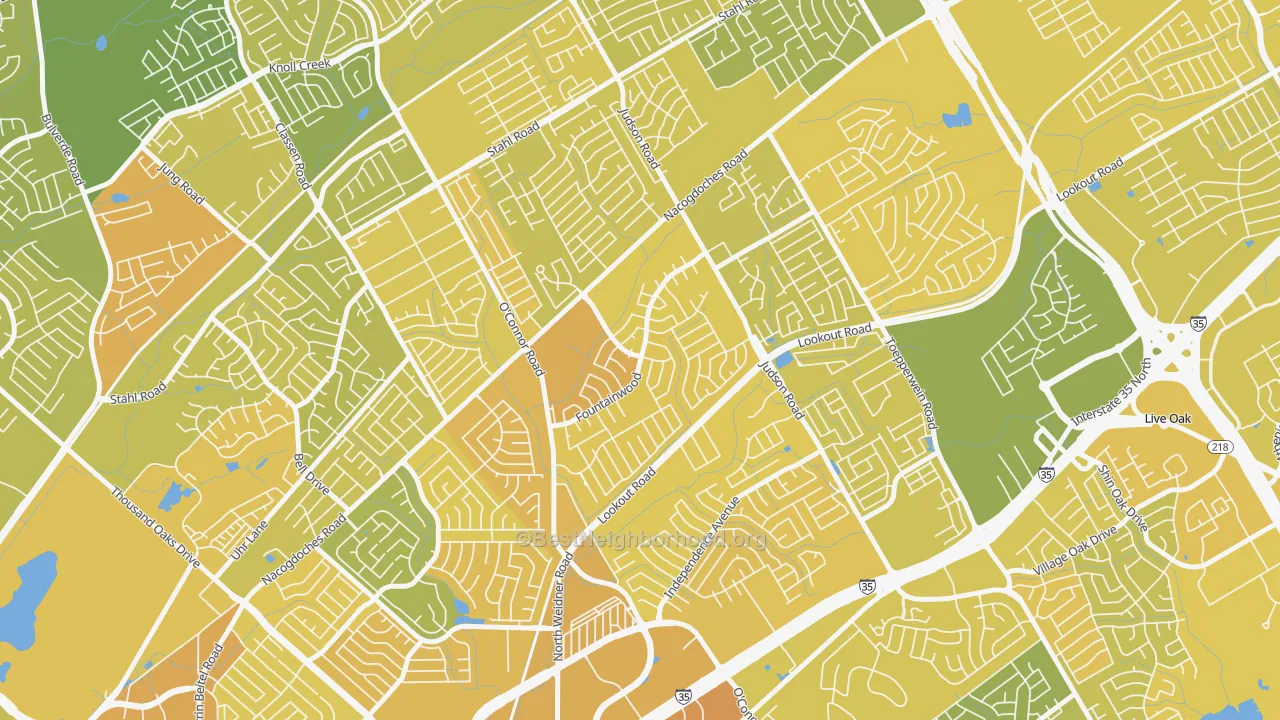 Map of the best neighborhoods in the Woodstone, San Antonio area, with better matches in green and worse matches in red