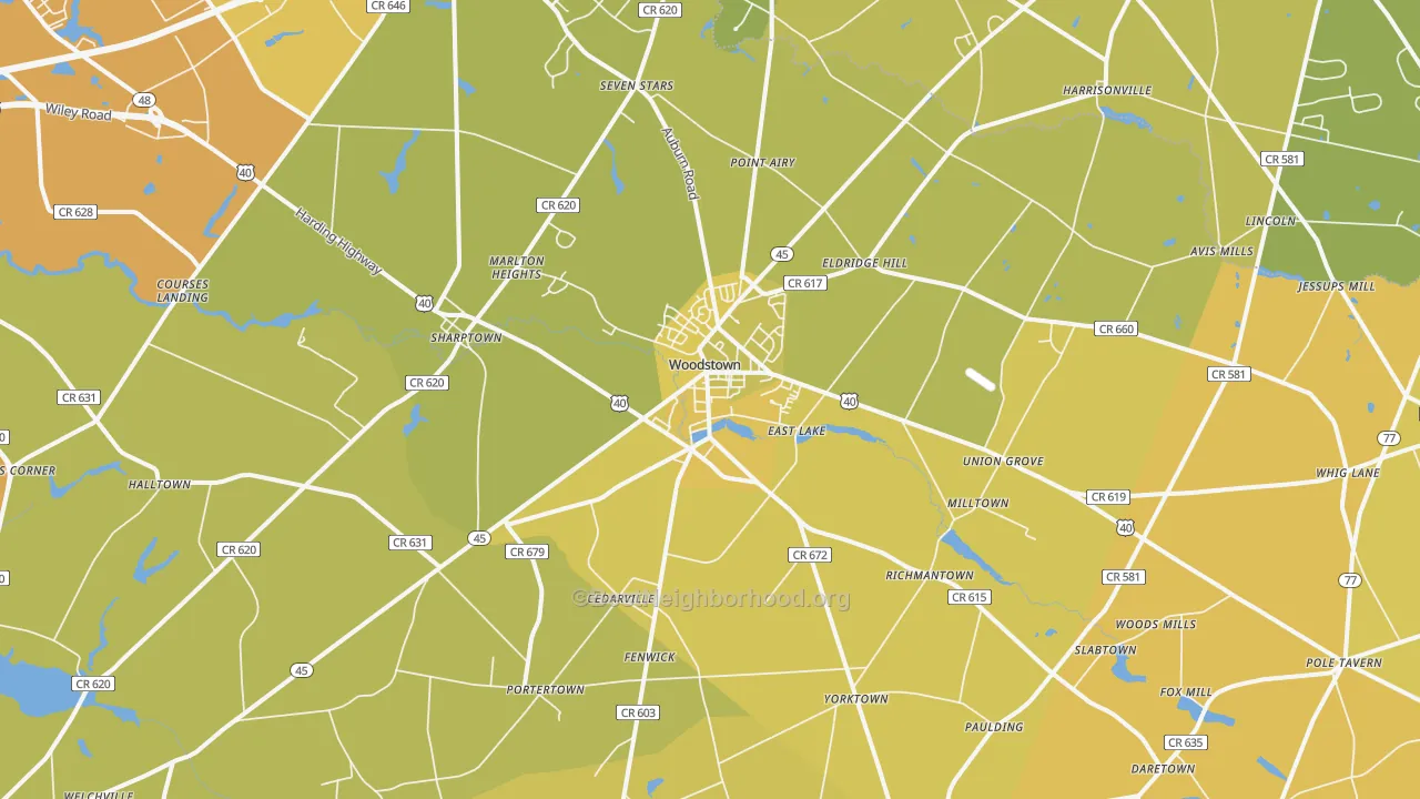 Map of the best neighborhoods in the Woodstown area, with better matches in green and worse matches in red