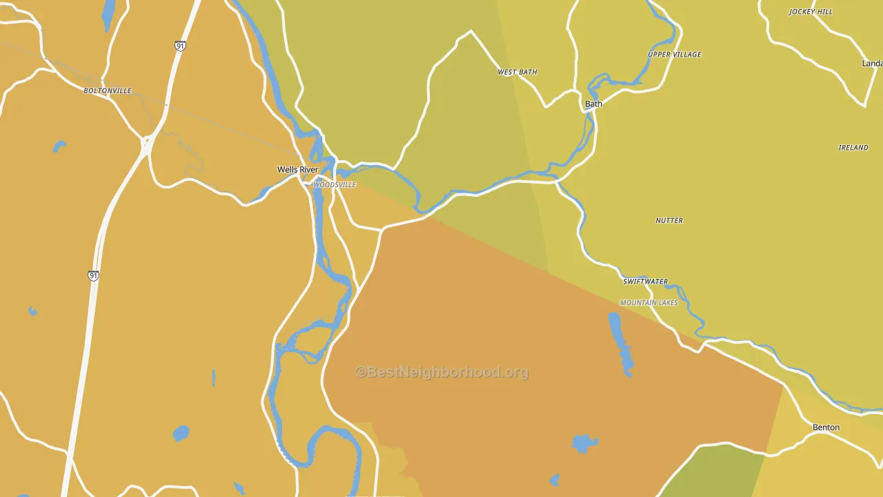 Map of the best neighborhoods in the Woodsville area, with better matches in green and worse matches in red