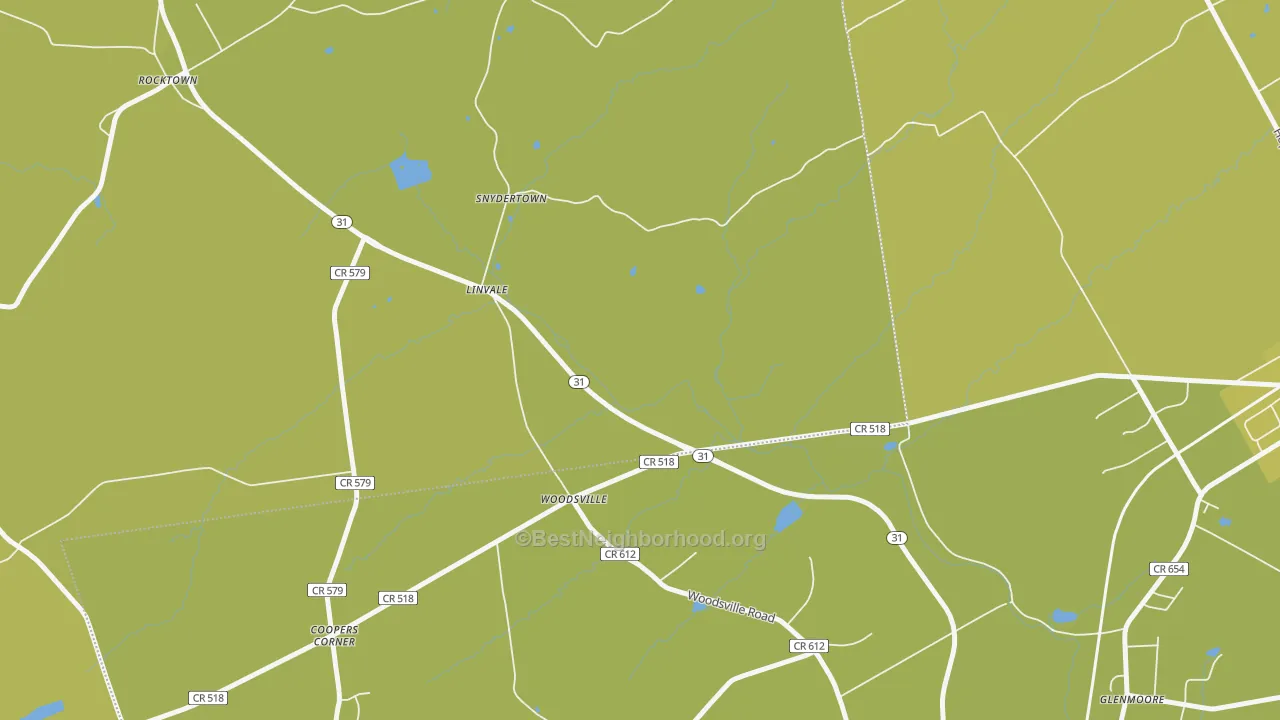 Map of the best neighborhoods in the Woodsville area, with better matches in green and worse matches in red