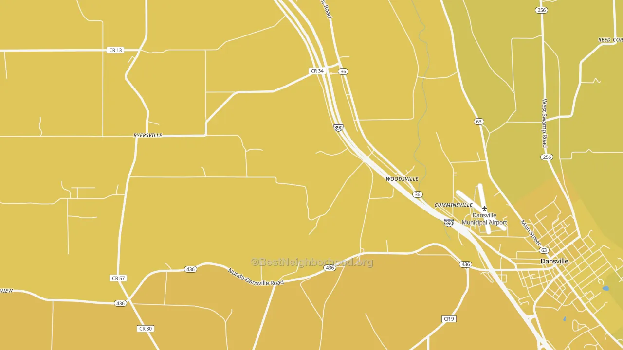 Map of the best neighborhoods in the Woodsville area, with better matches in green and worse matches in red