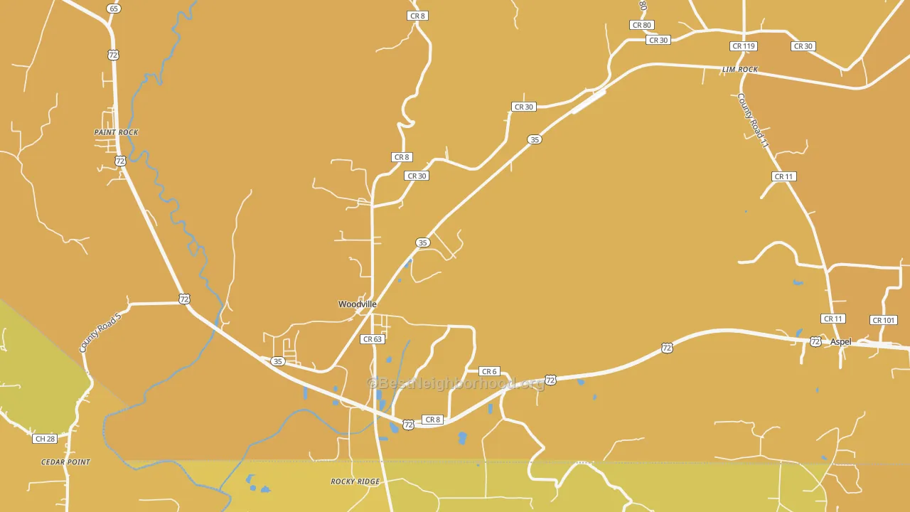 Map of the best neighborhoods in the Woodville area, with better matches in green and worse matches in red