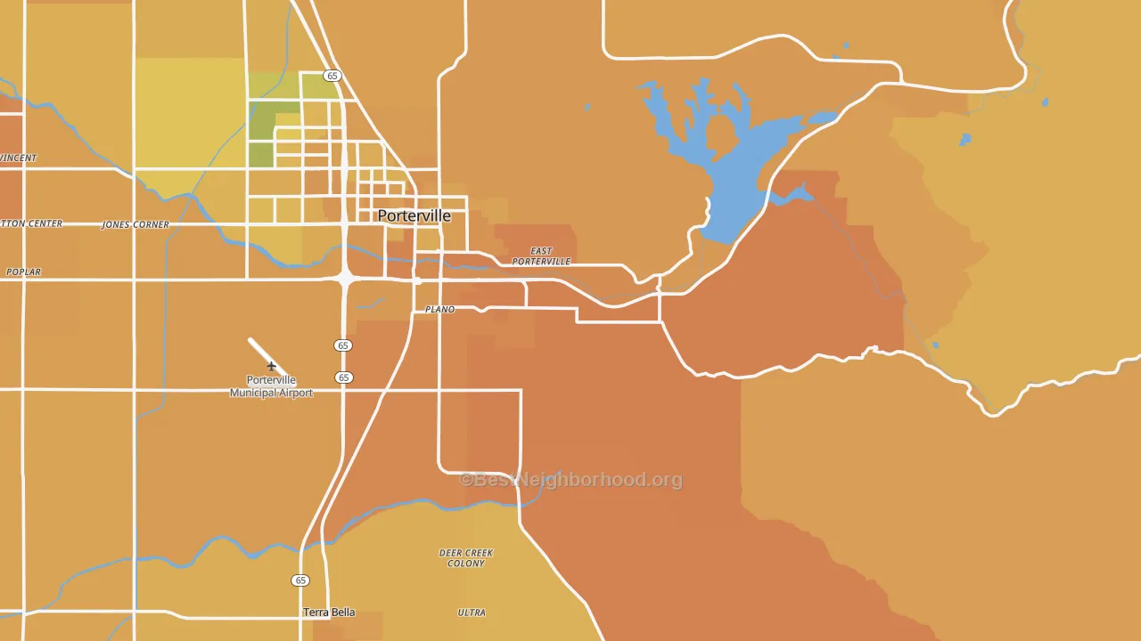 Map of the best neighborhoods in the Woodville area, with better matches in green and worse matches in red