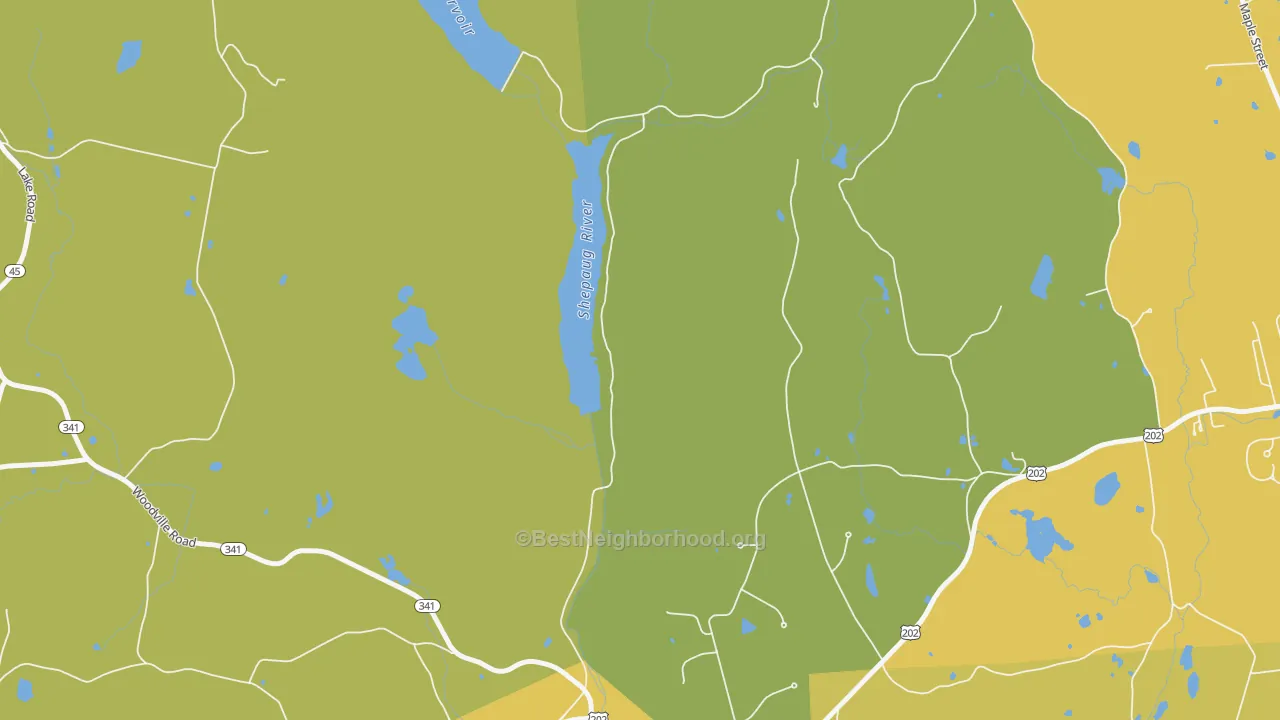 Map of the best neighborhoods in the Woodville area, with better matches in green and worse matches in red