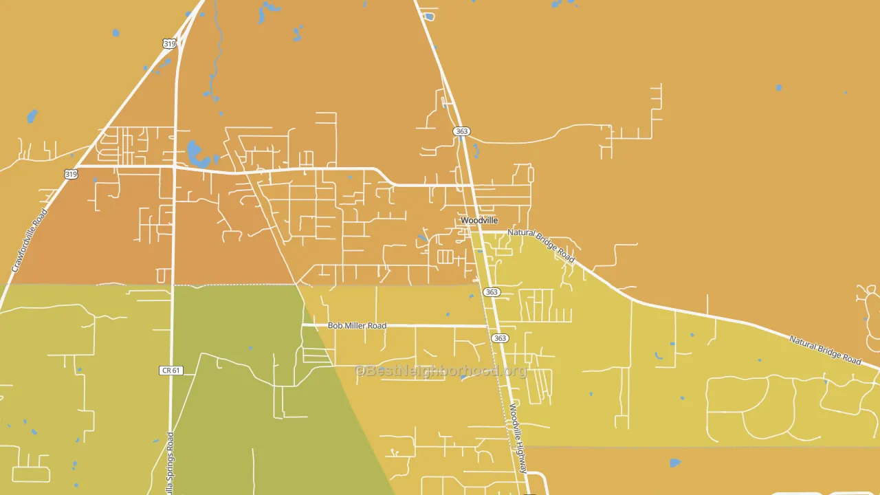 Map of the best neighborhoods in the Woodville area, with better matches in green and worse matches in red