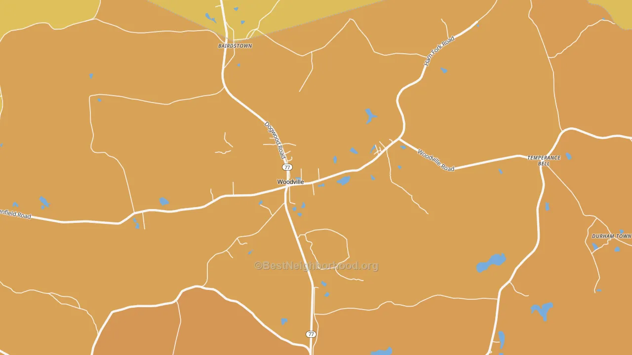Map of the best neighborhoods in the Woodville area, with better matches in green and worse matches in red