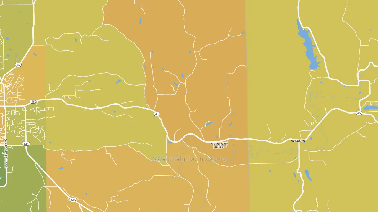 Map of the best neighborhoods in the Woodville Hills area, with better matches in green and worse matches in red