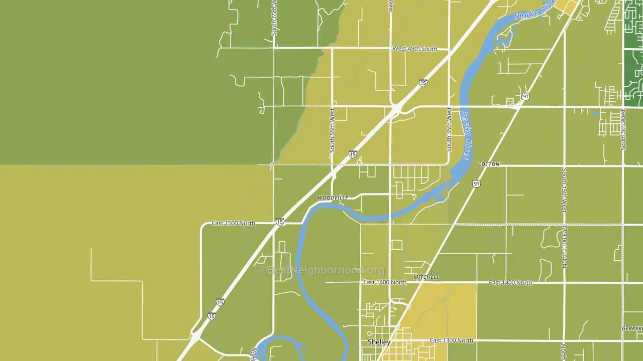 Map of the best neighborhoods in the Woodville area, with better matches in green and worse matches in red