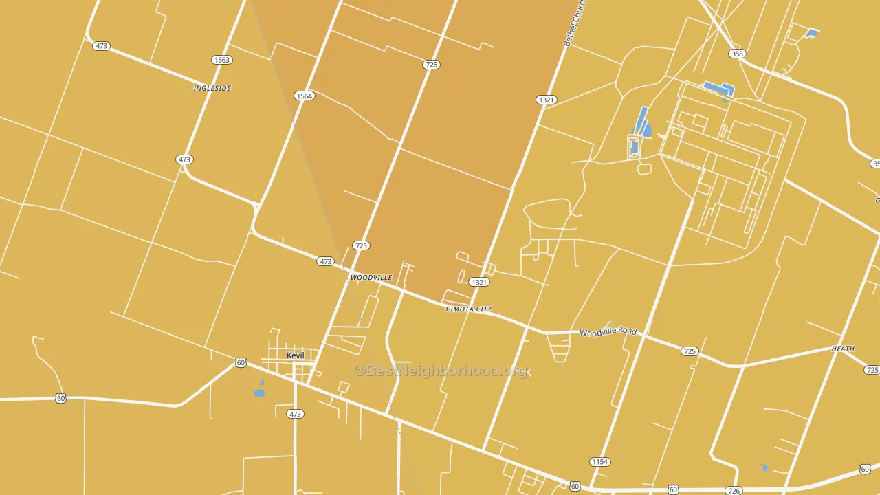 Map of the best neighborhoods in the Woodville area, with better matches in green and worse matches in red
