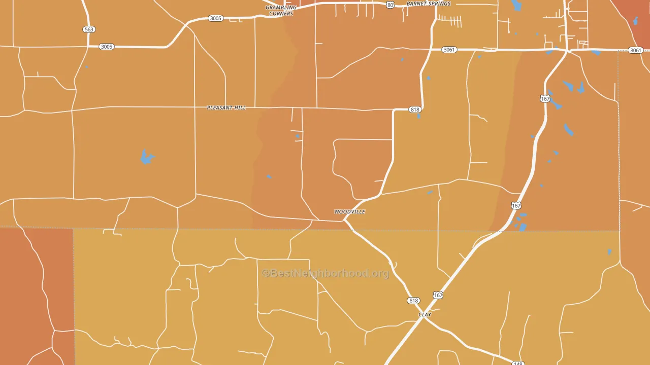 Map of the best neighborhoods in the Woodville area, with better matches in green and worse matches in red