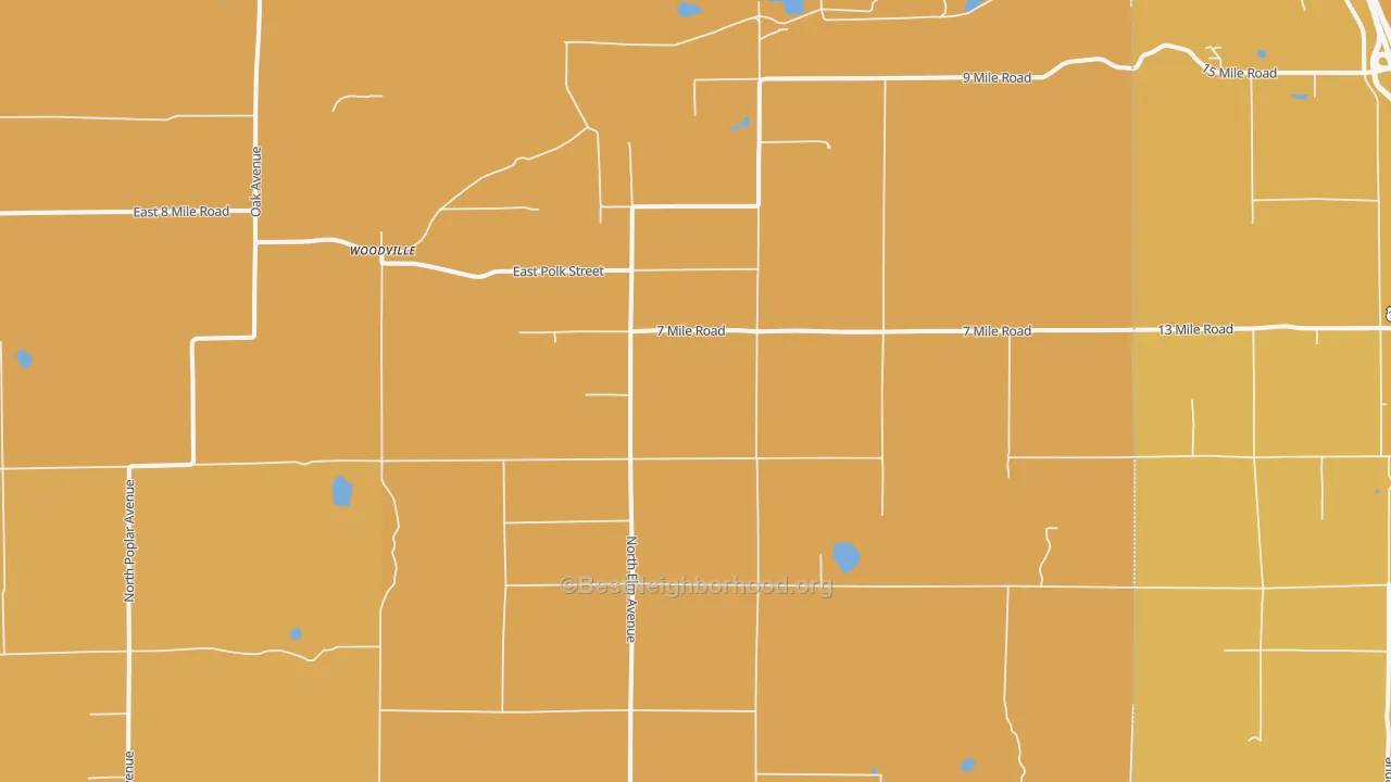 Map of the best neighborhoods in the Woodville area, with better matches in green and worse matches in red